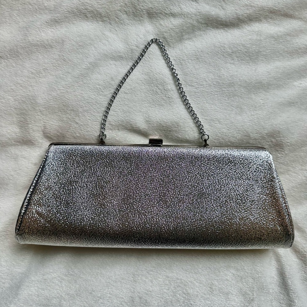 Vintage Silver Metallic Evening Clutch with Chain Handle
